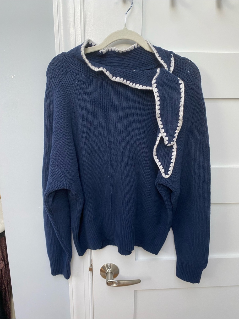 LOFT Navy Ribbed Cowl Sweater with Scallop Trim Tie - Picture 2 of 5